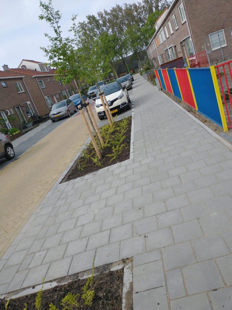 Aangelegd plantvak met bomen tussen nieuwe bestrating in een woonstraat