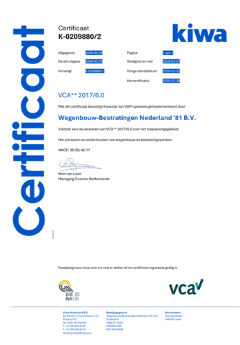 Certificaat KIWA VGM-beheerssysteem VCA** van Wegenbouw-Bestratingen Nederland '81