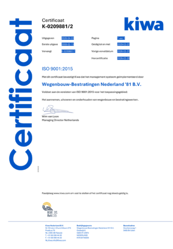 Certificaat KIWA ISO 9001 van Wegenbouw-Bestratingen Nederland '81